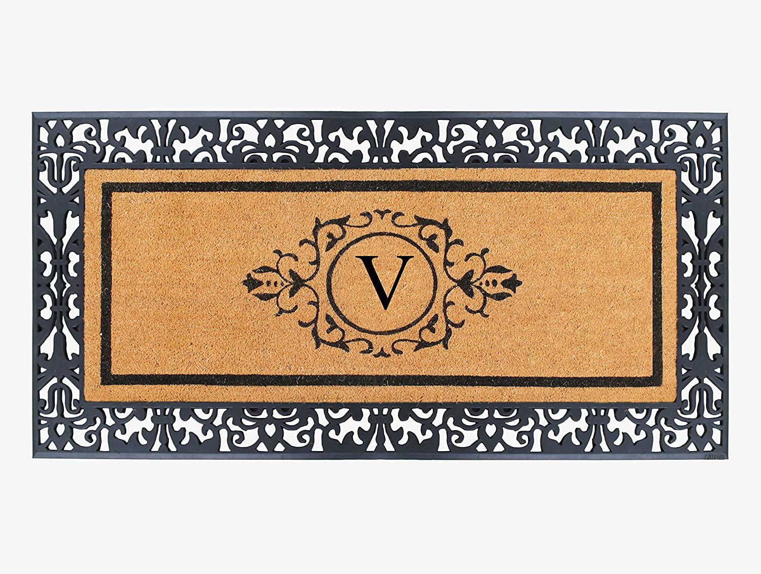 A1 Home Collections A1hc Beige 18 in. x 30 in. Natural Coir Heavy Duty PVC Backing Outdoor Monogrammed V Door Mat