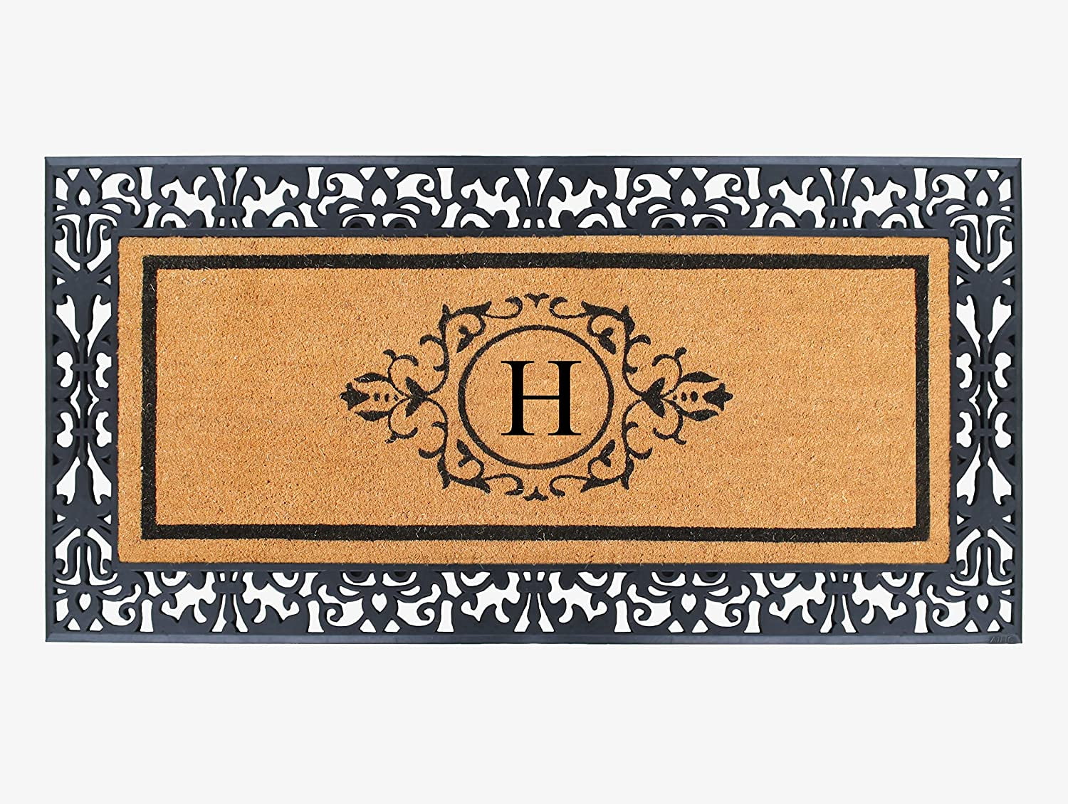 A1HC Natural Coir and Rubber Black Paisley Hand-Flocked Monogrammed Doormat, 30"x60", Durable Low Profile Heavy Duty Outdoor Front Door Mat