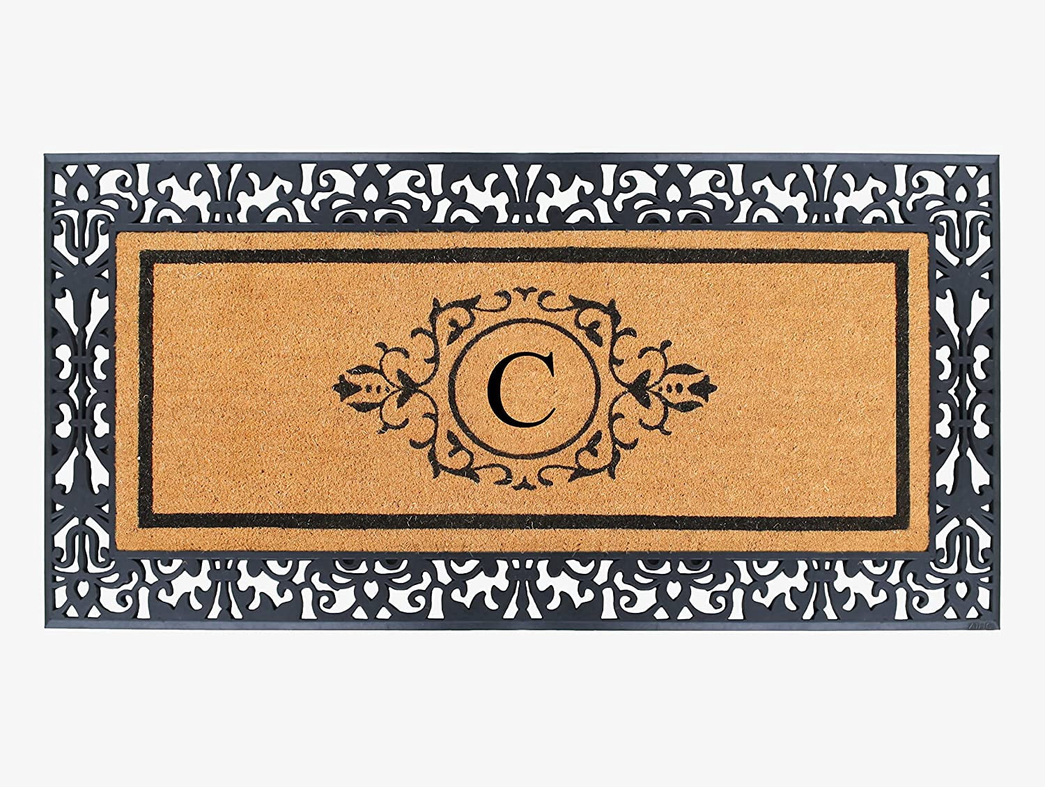 A1HC Natural Coir and Rubber Black Paisley Hand-Flocked Monogrammed Doormat, 30"x60", Durable Low Profile Heavy Duty Outdoor Front Door Mat