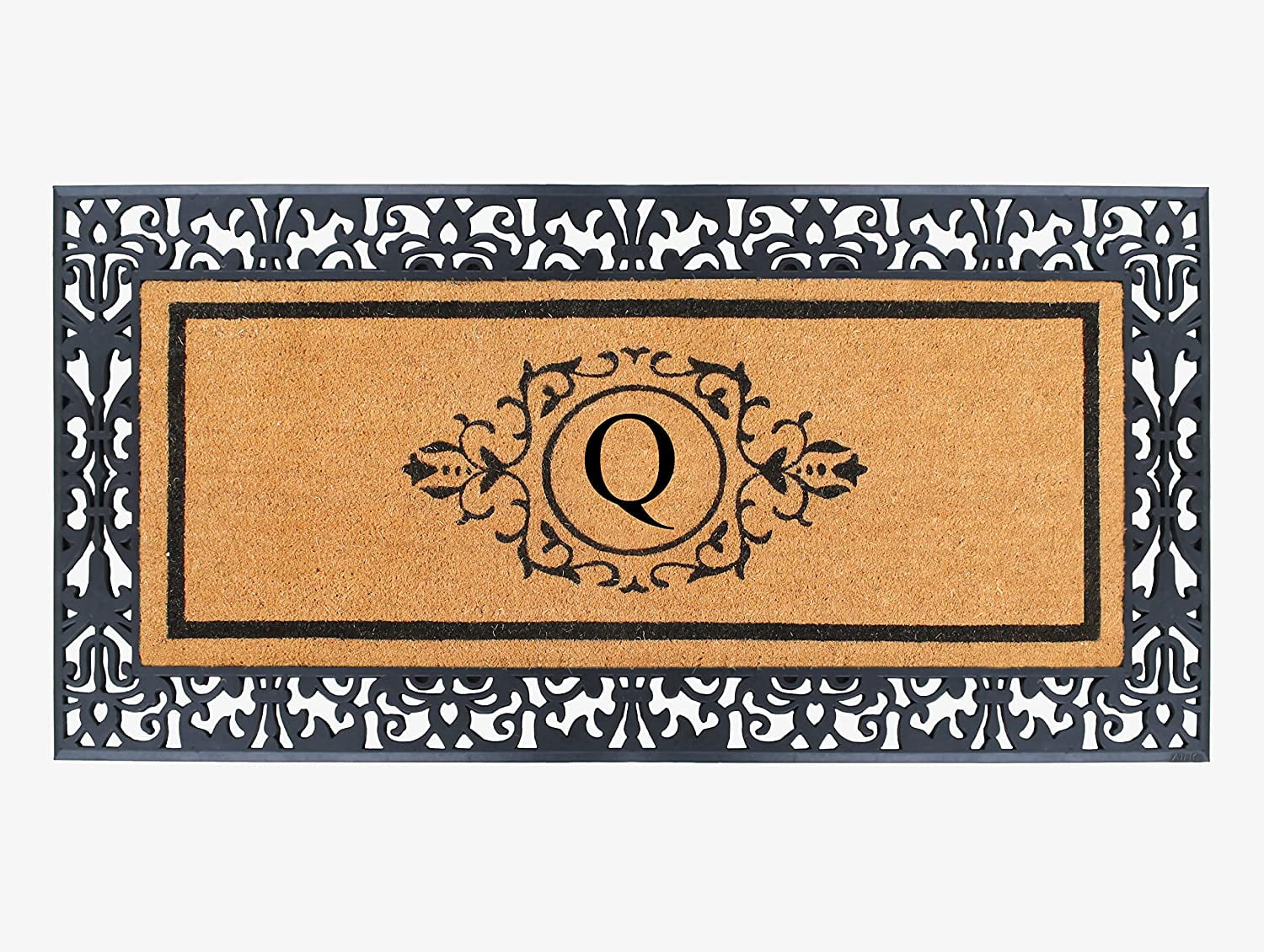 A1HC Natural Coir and Rubber Black Paisley Hand-Flocked Monogrammed Doormat, 30"x60", Durable Low Profile Heavy Duty Outdoor Front Door Mat