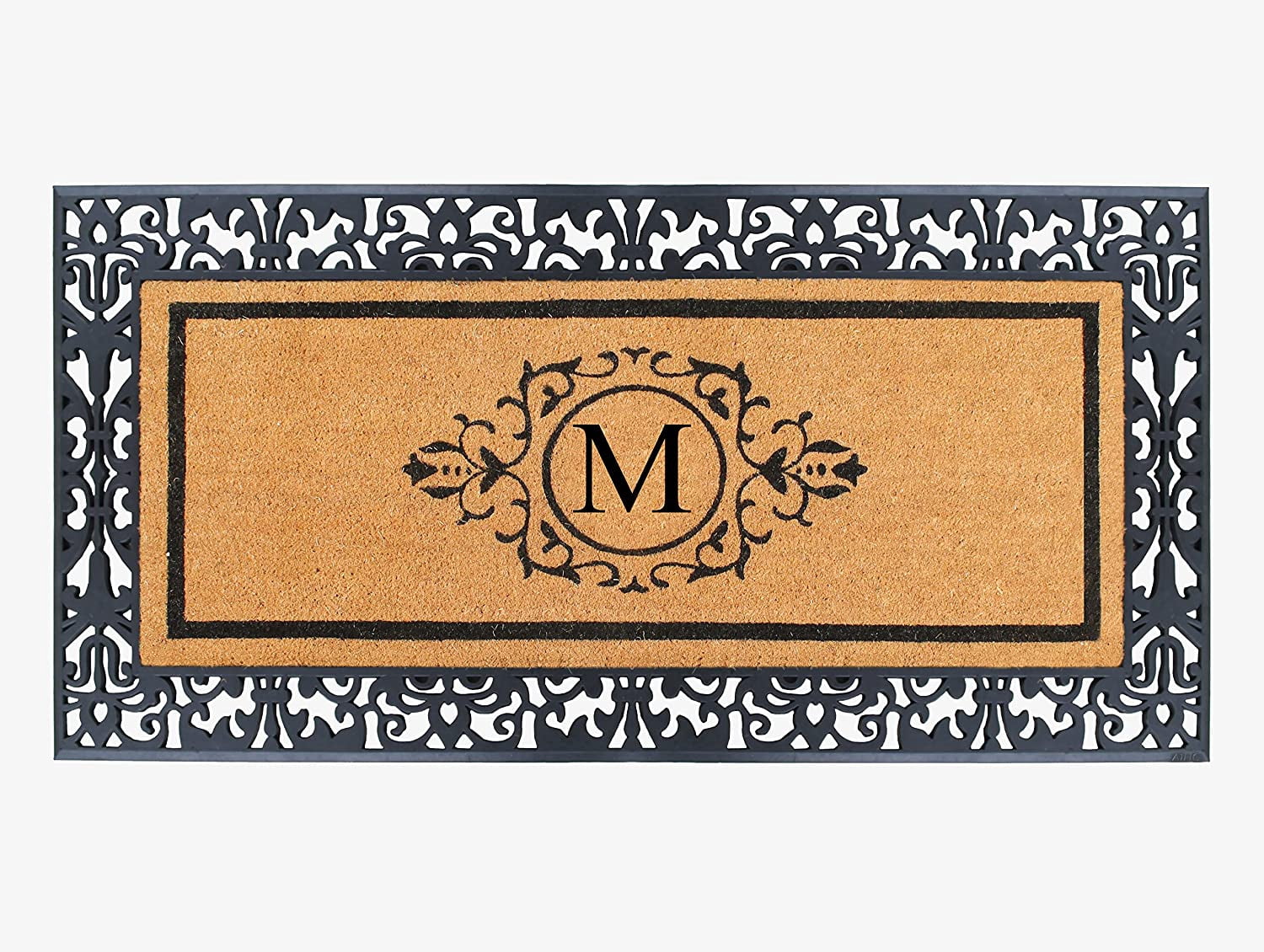A1HC Natural Coir and Rubber Black Paisley Hand-Flocked Monogrammed Doormat, 30"x60", Durable Low Profile Heavy Duty Outdoor Front Door Mat