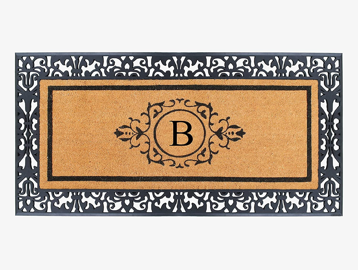 A1HC Natural Coir and Rubber Black Paisley Hand-Flocked Monogrammed Doormat, 30"x60", Durable Low Profile Heavy Duty Outdoor Front Door Mat