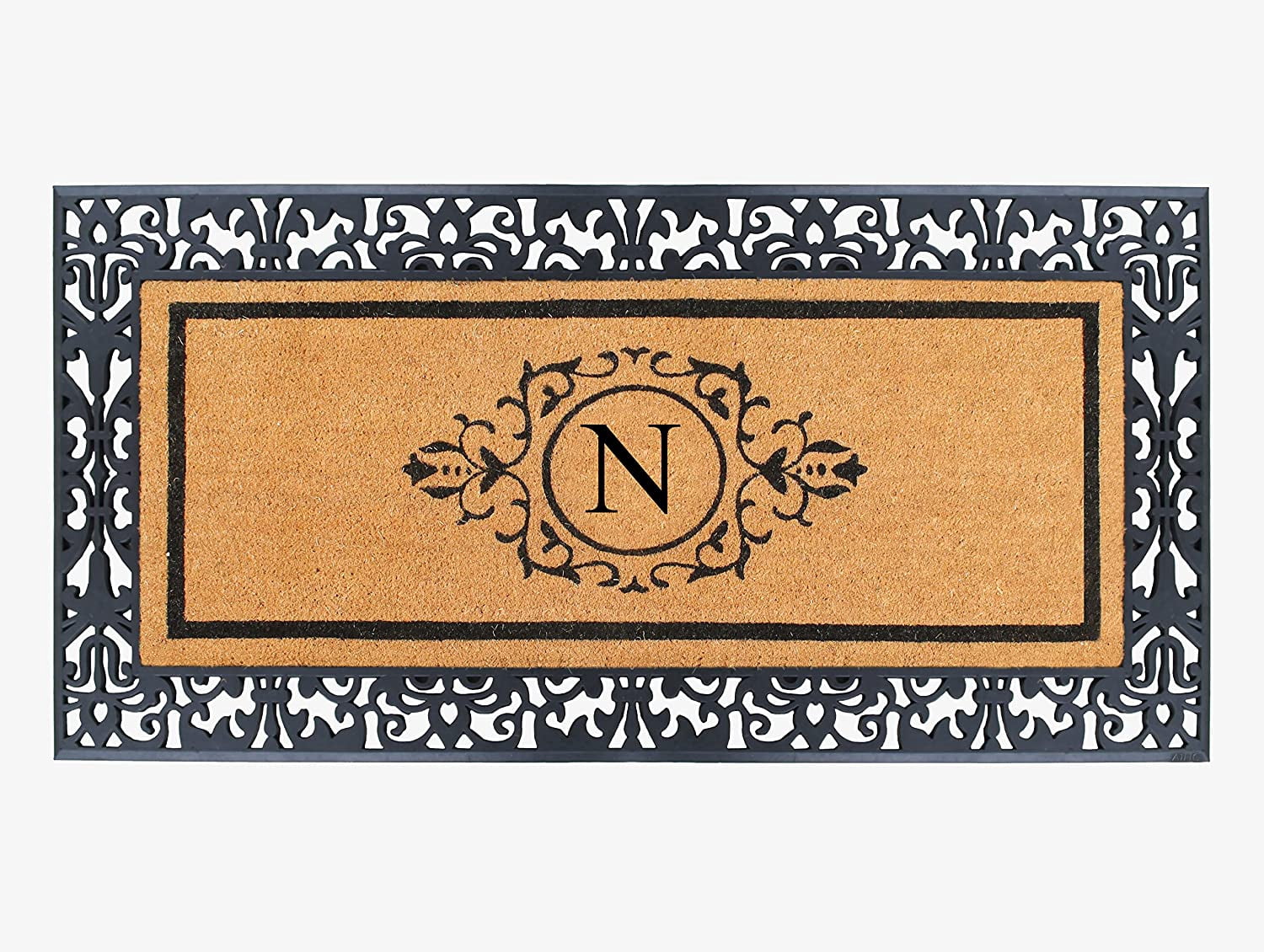 A1HC Natural Coir and Rubber Black Paisley Hand-Flocked Monogrammed Doormat, 30"x60", Durable Low Profile Heavy Duty Outdoor Front Door Mat