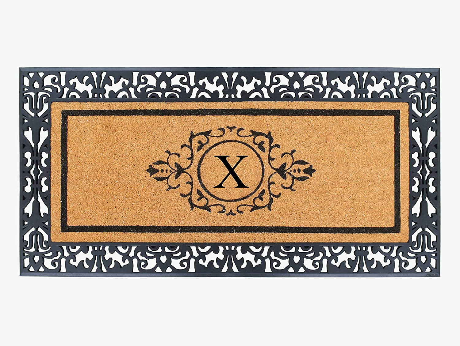 A1HC Natural Coir and Rubber Black Paisley Hand-Flocked Monogrammed Doormat, 30"x60", Durable Low Profile Heavy Duty Outdoor Front Door Mat