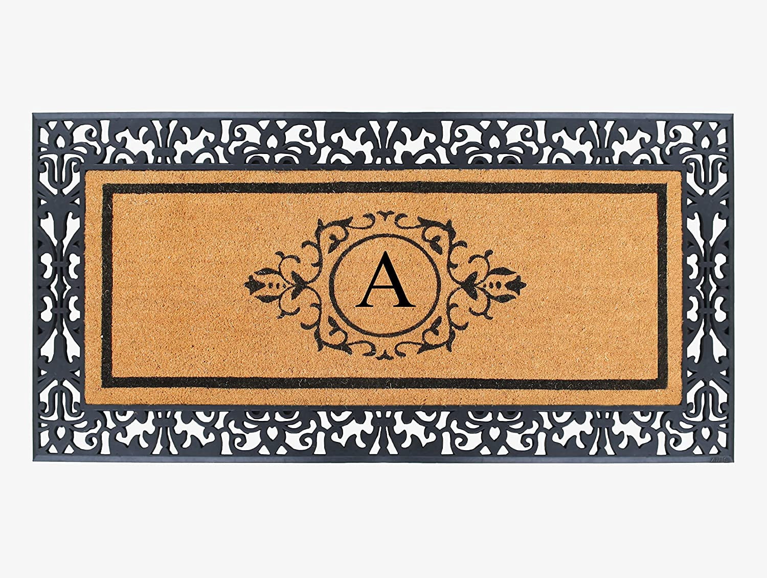 A1HC Natural Coir and Rubber Black Paisley Hand-Flocked Monogrammed Doormat, 30"x60", Durable Low Profile Heavy Duty Outdoor Front Door Mat