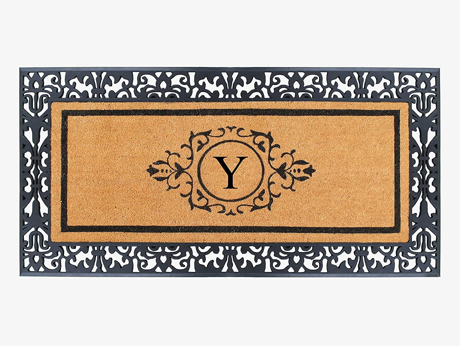A1HC Natural Coir and Rubber Black Paisley Hand-Flocked Monogrammed Doormat, 30"x60", Durable Low Profile Heavy Duty Outdoor Front Door Mat