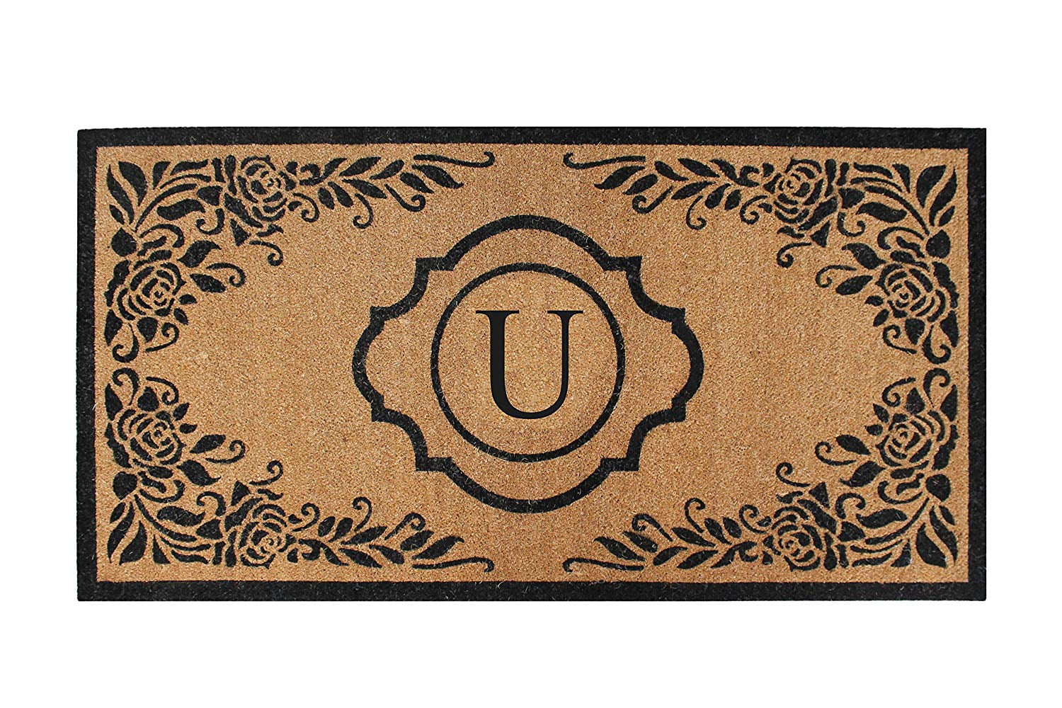 A1HC Natural Coir Monogrammed Floral Door Mat, 36"x72", Durable Anti-Shed Outdoor Door Mat, Heavy-Duty, Low-Profile, Easy to Clean