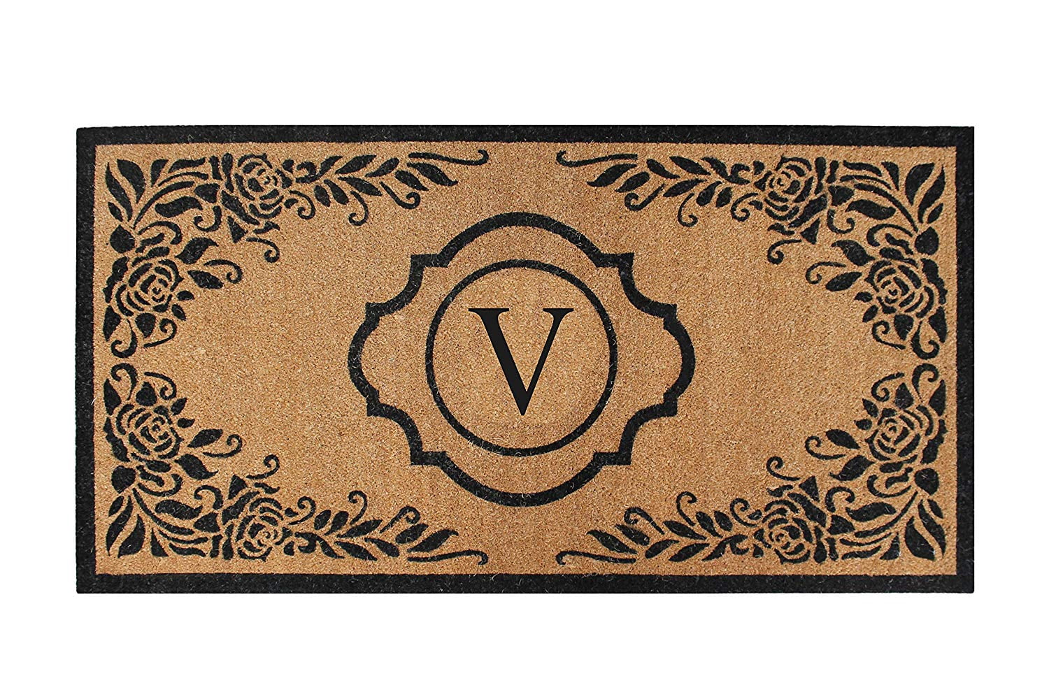 A1HC Natural Coir Monogrammed Floral Door Mat, 36"x72", Durable Anti-Shed Outdoor Door Mat, Heavy-Duty, Low-Profile, Easy to Clean