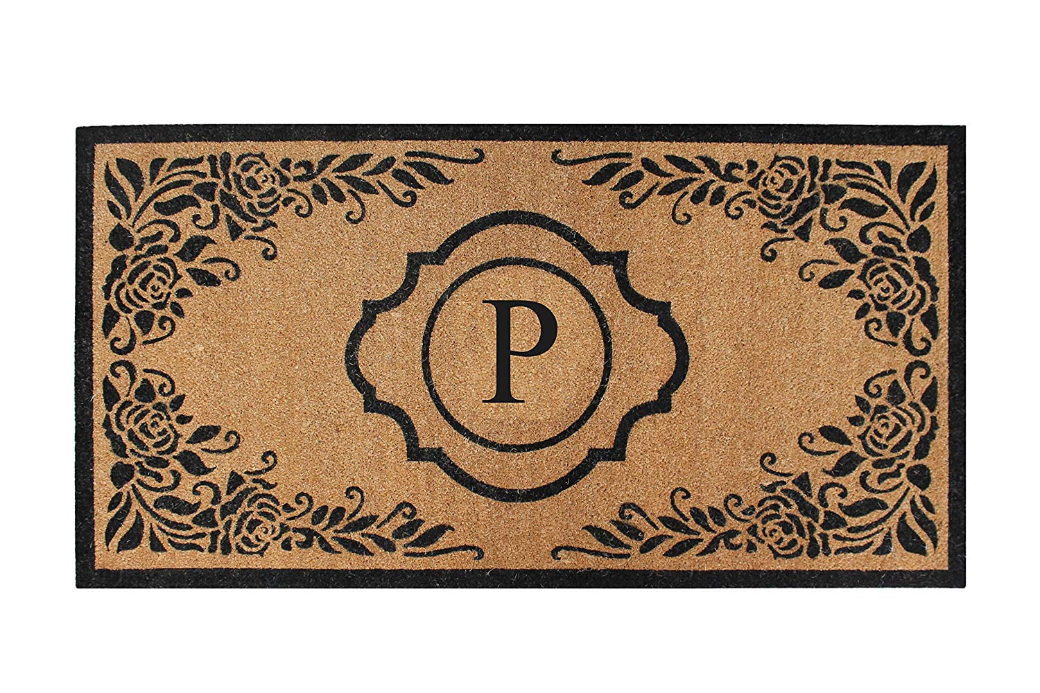 A1HC Natural Coir Monogrammed Floral Door Mat, 36"x72", Durable Anti-Shed Outdoor Door Mat, Heavy-Duty, Low-Profile, Easy to Clean