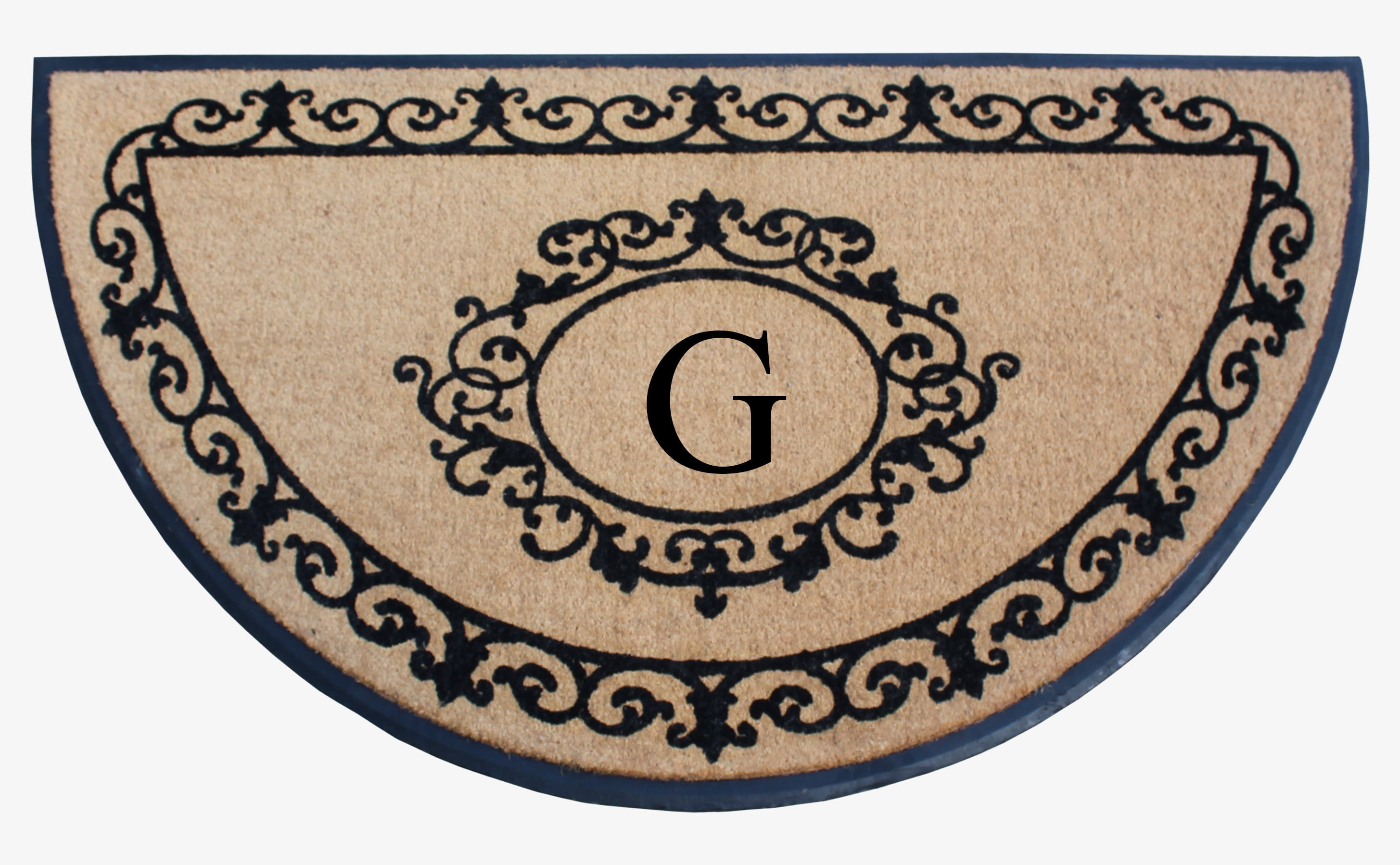 A1HC Heavy-Duty Semi-Circular Coir and Rubber Doormat, 36"x72" Hand-Flocked Monogrammed Front Porch Entrance Rug with Floral Design