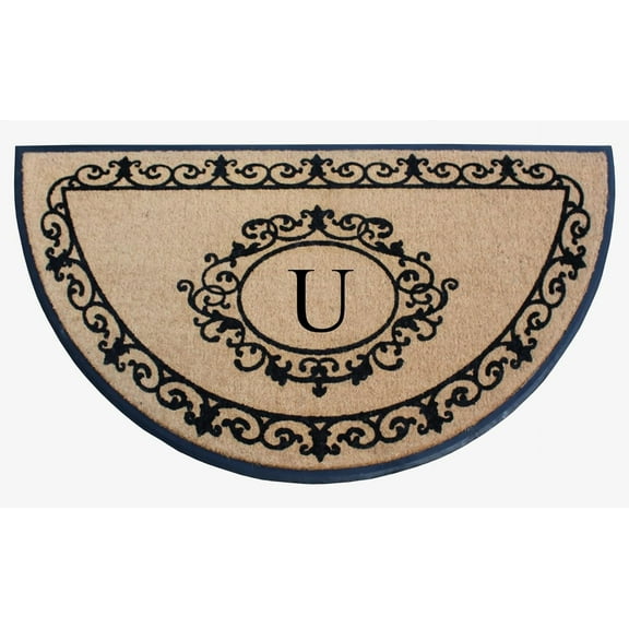 A1HC Heavy-Duty Semi-Circular Coir and Rubber Doormat, 36"x72" Hand-Flocked Monogrammed Front Porch Entrance Rug with Floral Design
