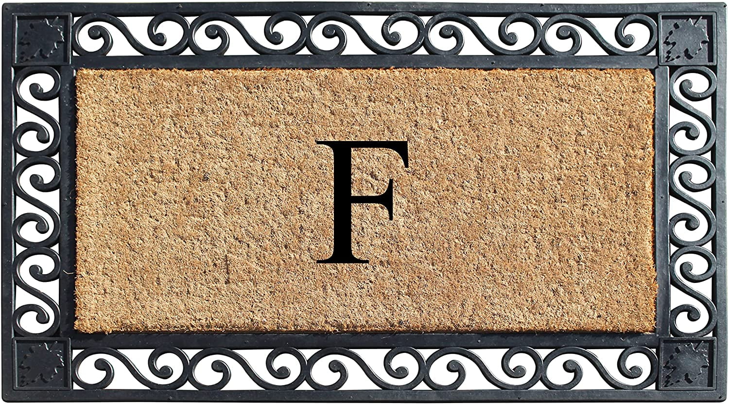 A1HC Natural Coir and Rubber Paisley border Monogrammed Doormat, Anti-Shed Treated Durable for Outdoor Entrance , 23"X38", Black