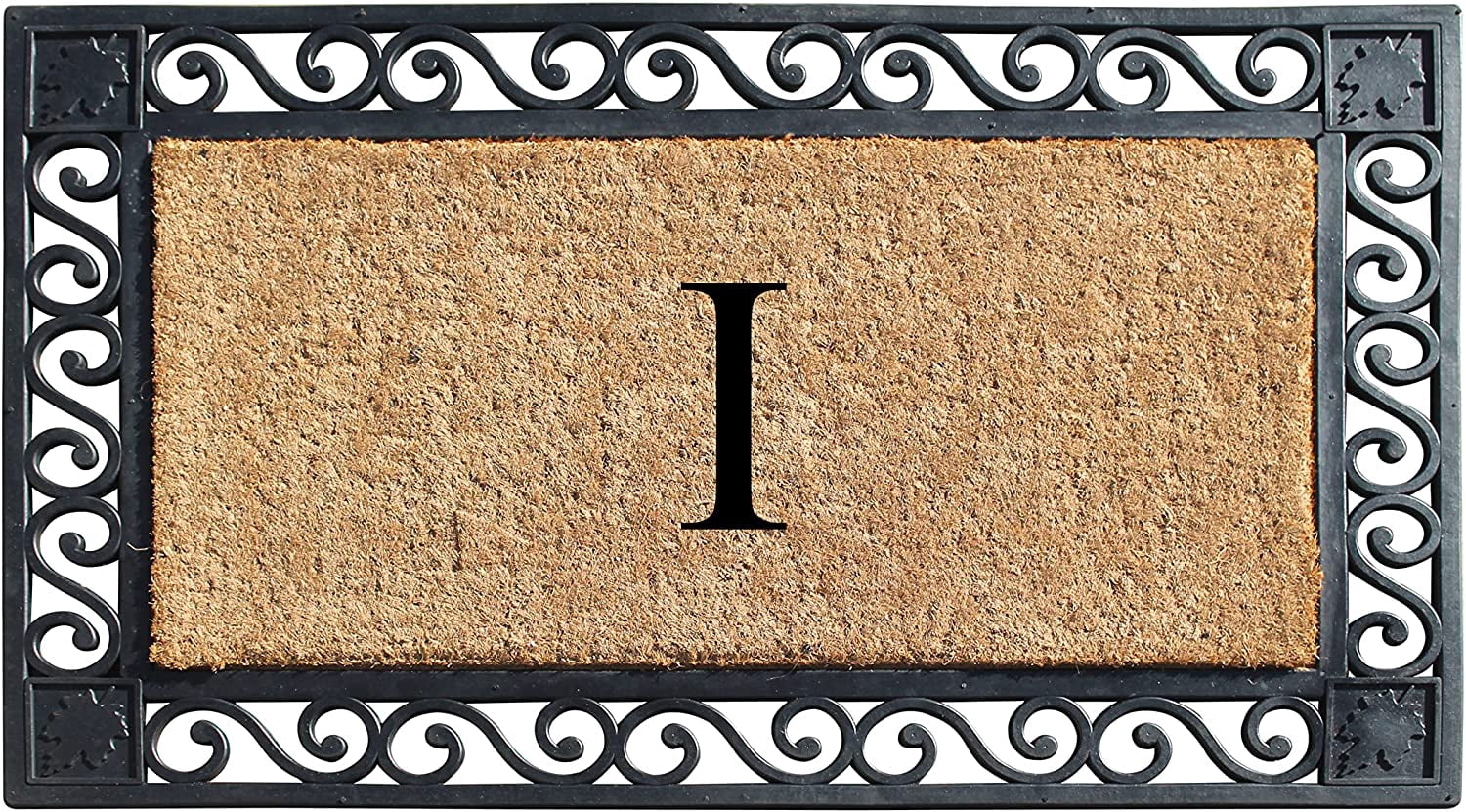A1HC Natural Coir and Rubber Paisley border Monogrammed Doormat, Anti-Shed Treated Durable for Outdoor Entrance , 23"X38", Black