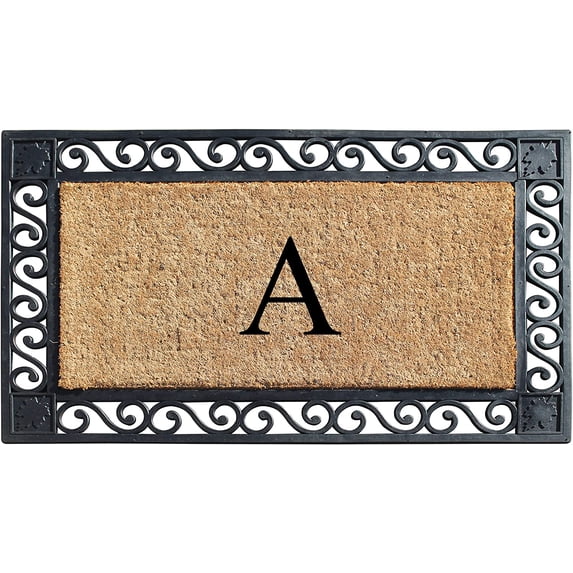 A1HC Natural Coir and Rubber Paisley border Monogrammed Doormat, Anti-Shed Treated Durable for Outdoor Entrance , 23"X38", Black