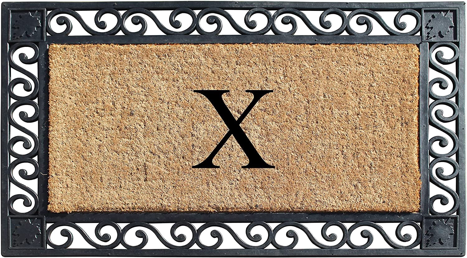 A1HC Natural Coir and Rubber Paisley border Monogrammed Doormat, Anti-Shed Treated Durable for Outdoor Entrance , 23"X38", Black