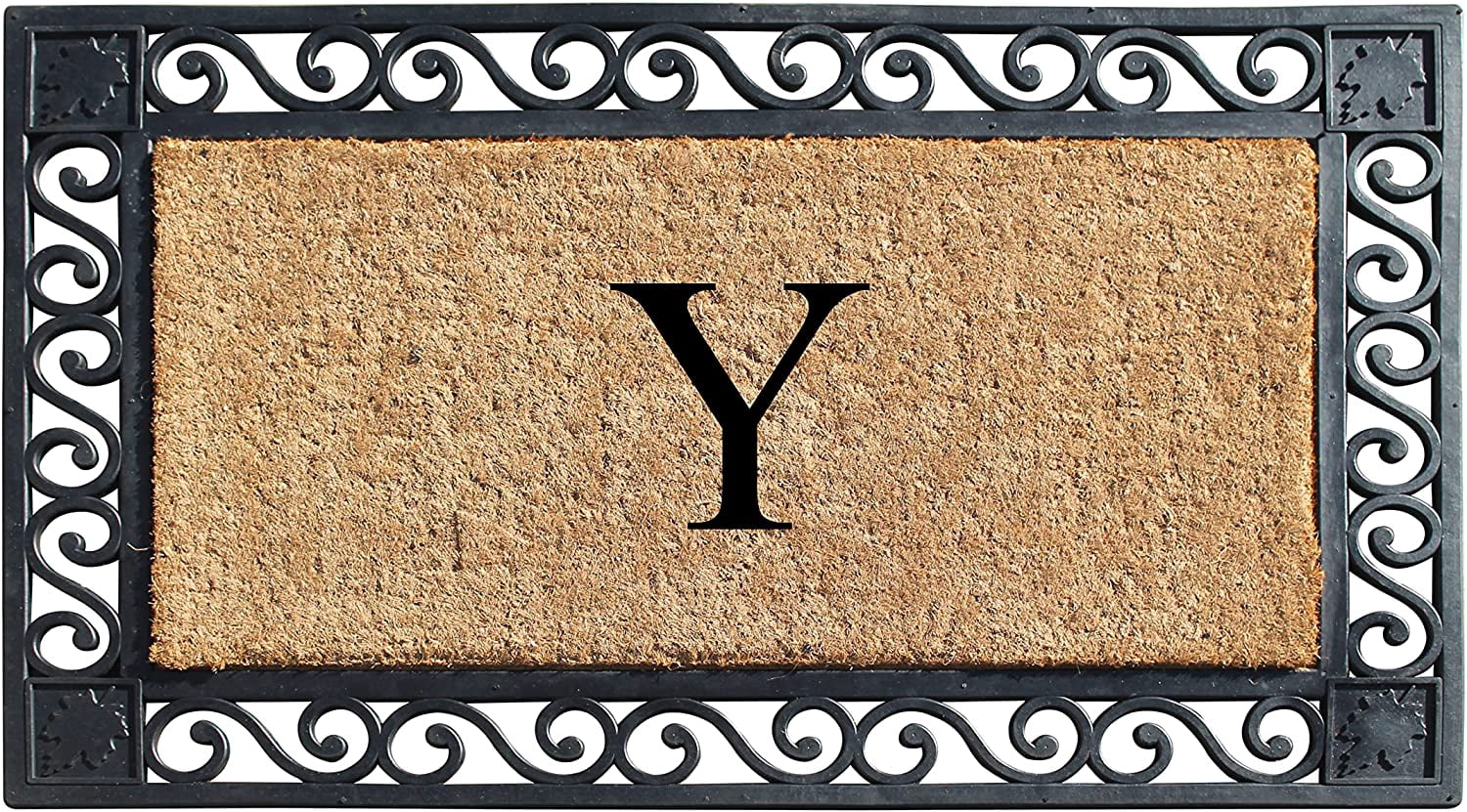 A1HC Natural Coir and Rubber Paisley border Monogrammed Doormat, Anti-Shed Treated Durable for Outdoor Entrance , 23"X38", Black