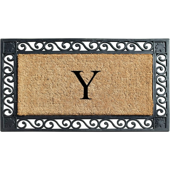 A1HC Natural Coir and Rubber Paisley border Monogrammed Doormat, Anti-Shed Treated Durable for Outdoor Entrance , 23"X38", Black