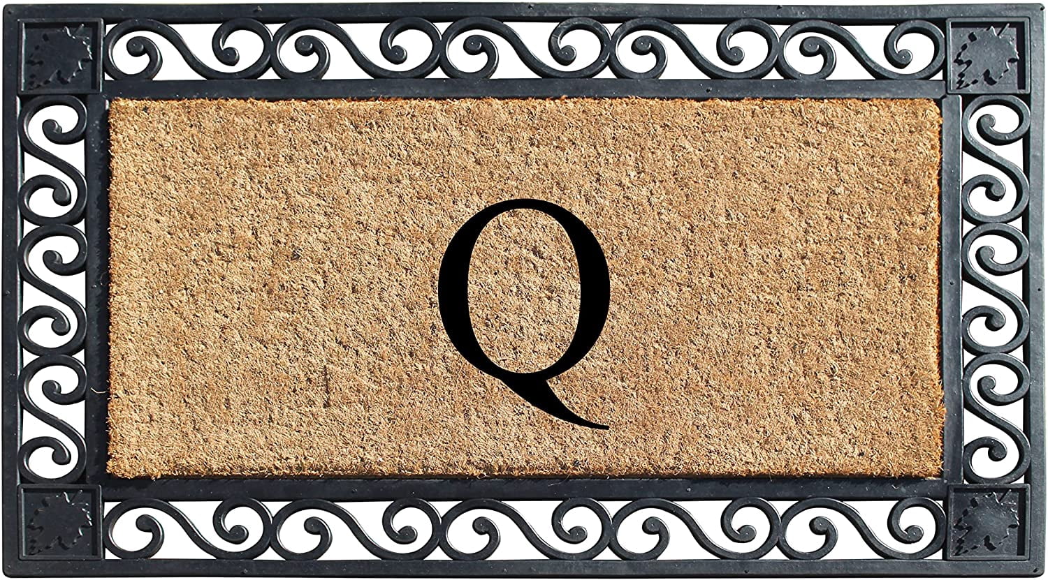 A1HC Natural Coir and Rubber Paisley border Monogrammed Doormat, Anti-Shed Treated Durable for Outdoor Entrance , 23"X38", Black
