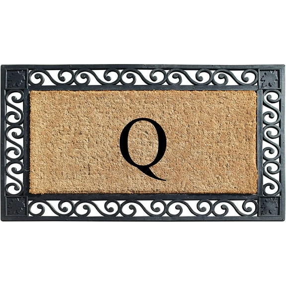 A1HC Natural Coir and Rubber Paisley border Monogrammed Doormat, Anti-Shed Treated Durable for Outdoor Entrance , 23"X38", Black