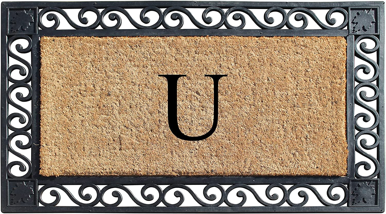 A1HC Natural Coir and Rubber Paisley border Monogrammed Doormat, Anti-Shed Treated Durable for Outdoor Entrance , 23"X38", Black