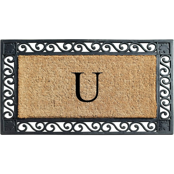 A1HC Natural Coir and Rubber Paisley border Monogrammed Doormat, Anti-Shed Treated Durable for Outdoor Entrance , 23"X38", Black