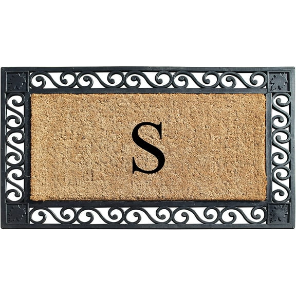 A1HC Natural Coir and Rubber Paisley border Monogrammed Doormat, Anti-Shed Treated Durable for Outdoor Entrance , 23"X38", Black