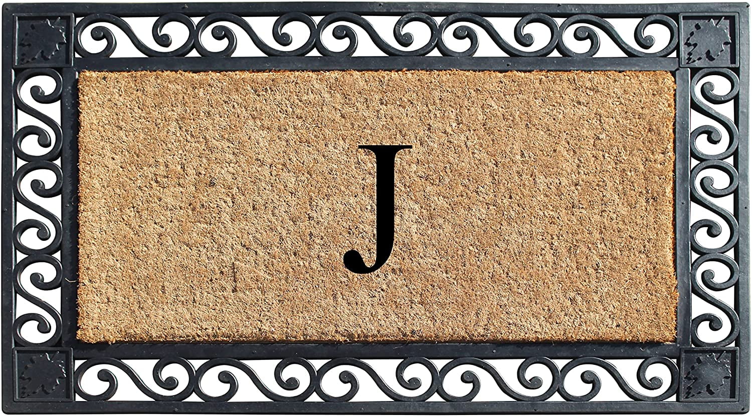 A1HC Natural Coir and Rubber Paisley border Monogrammed Doormat, Anti-Shed Treated Durable for Outdoor Entrance , 23"X38", Black