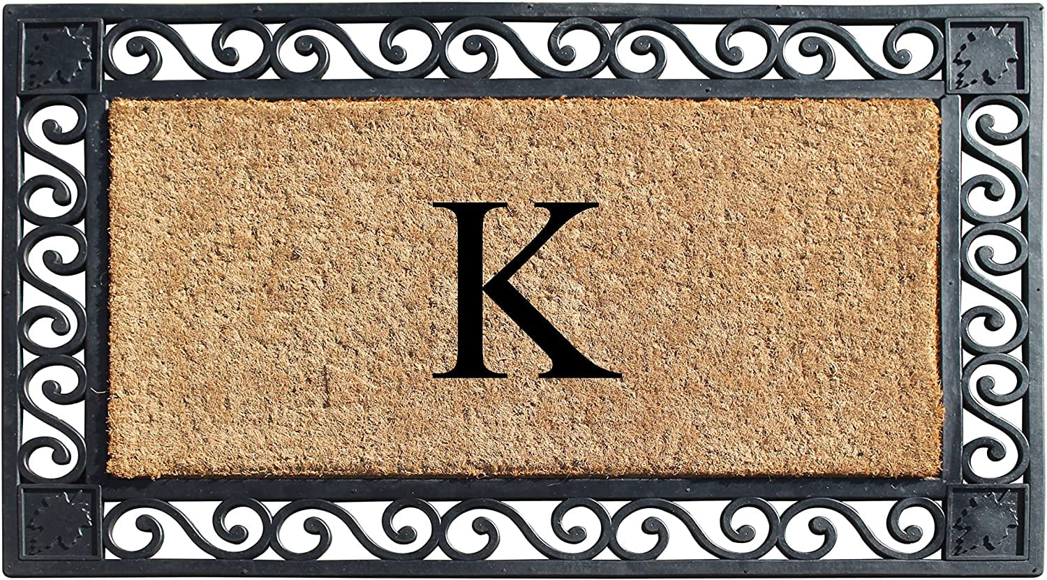A1HC Natural Coir and Rubber Paisley border Monogrammed Doormat, Anti-Shed Treated Durable for Outdoor Entrance , 23"X38", Black