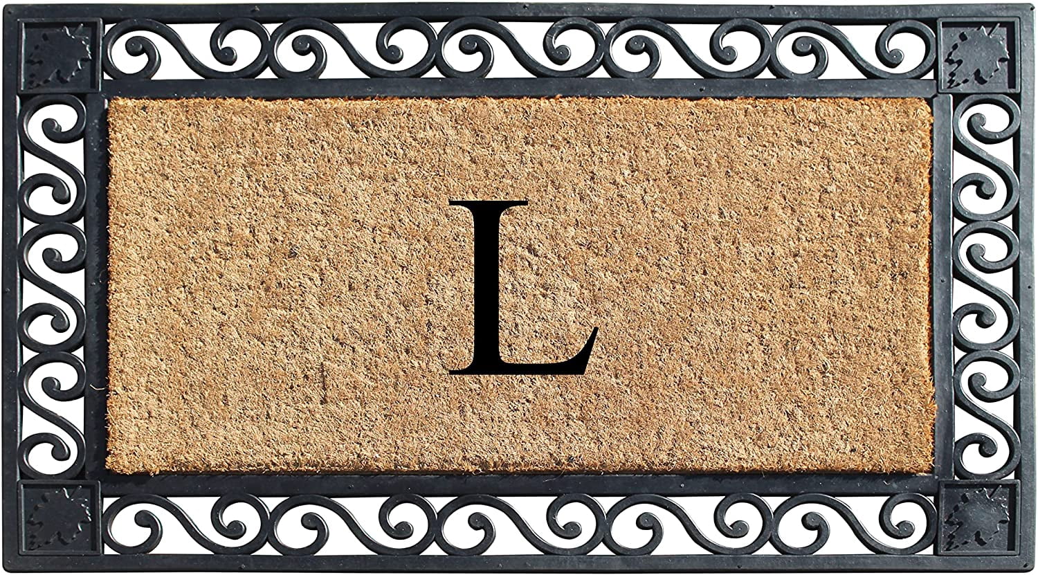 A1HC Natural Coir and Rubber Paisley border Monogrammed Doormat, Anti-Shed Treated Durable for Outdoor Entrance , 23"X38", Black