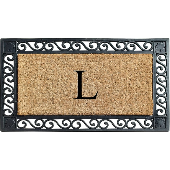 A1HC Natural Coir and Rubber Paisley border Monogrammed Doormat, Anti-Shed Treated Durable for Outdoor Entrance , 23"X38", Black