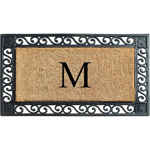 A1HC Natural Coir and Rubber Paisley border Monogrammed Doormat, Anti-Shed Treated Durable for Outdoor Entrance , 23"X38", Black