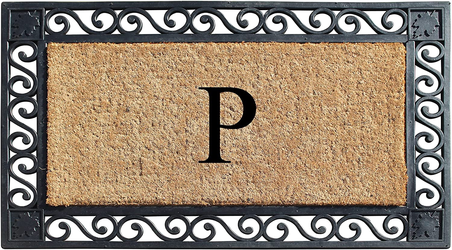A1HC Natural Coir and Rubber Paisley border Monogrammed Doormat, Anti-Shed Treated Durable for Outdoor Entrance , 23"X38", Black