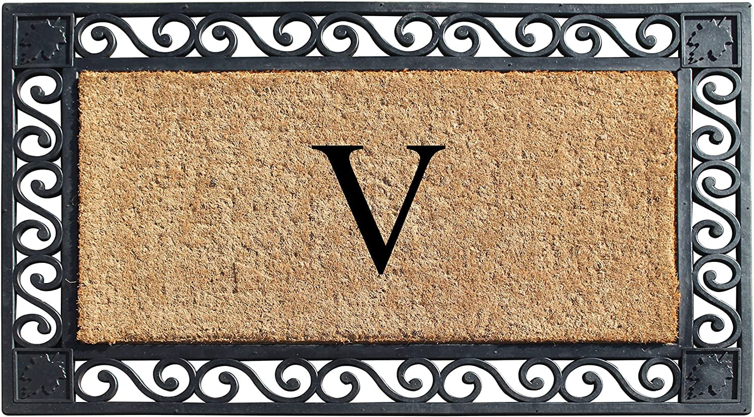 A1HC Natural Coir and Rubber Paisley border Monogrammed Doormat, Anti-Shed Treated Durable for Outdoor Entrance , 23"X38", Black