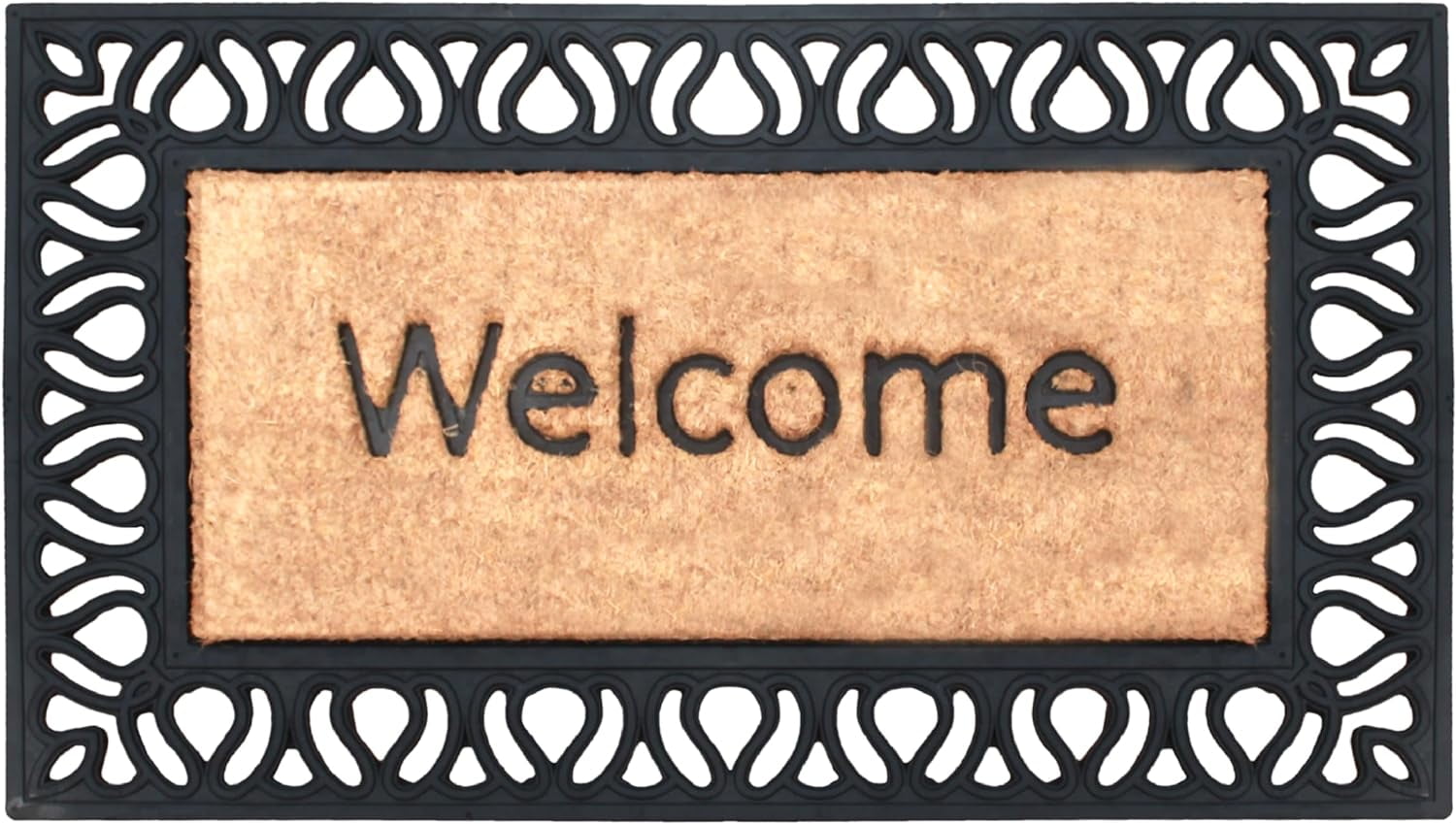 A1HC Rubber and Coir Paisley Border Beautifully Design Welcome Doormat for Outdoor Indoor Entrance Mat 18"X30", Black/Beige