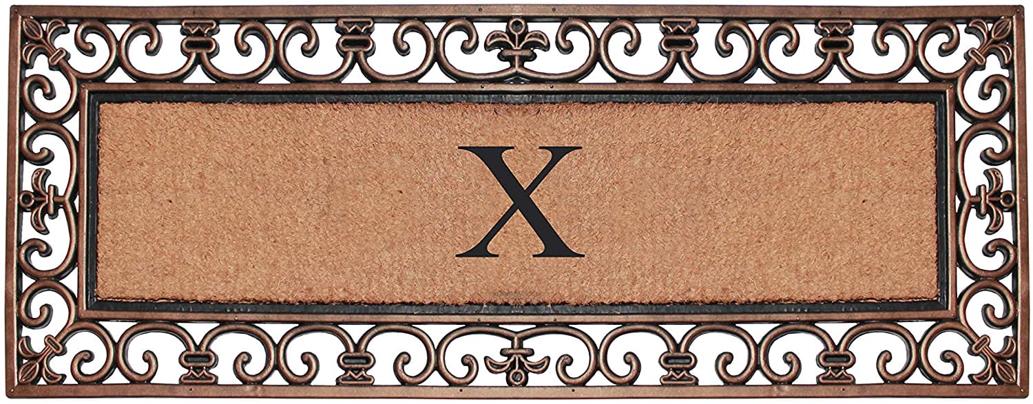 A1HC Rubber and Coir Paisley Border Myla Double Door Monogrammed E Doormat 17.71"X47.25", Bronze