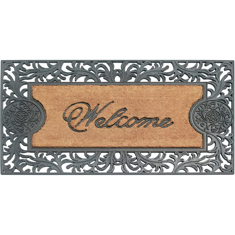 A1 Home Collections A1hc Welcome Floral Border Black 23 in x 38 in Rubber and Coir Dirt Trapper Large Doormat