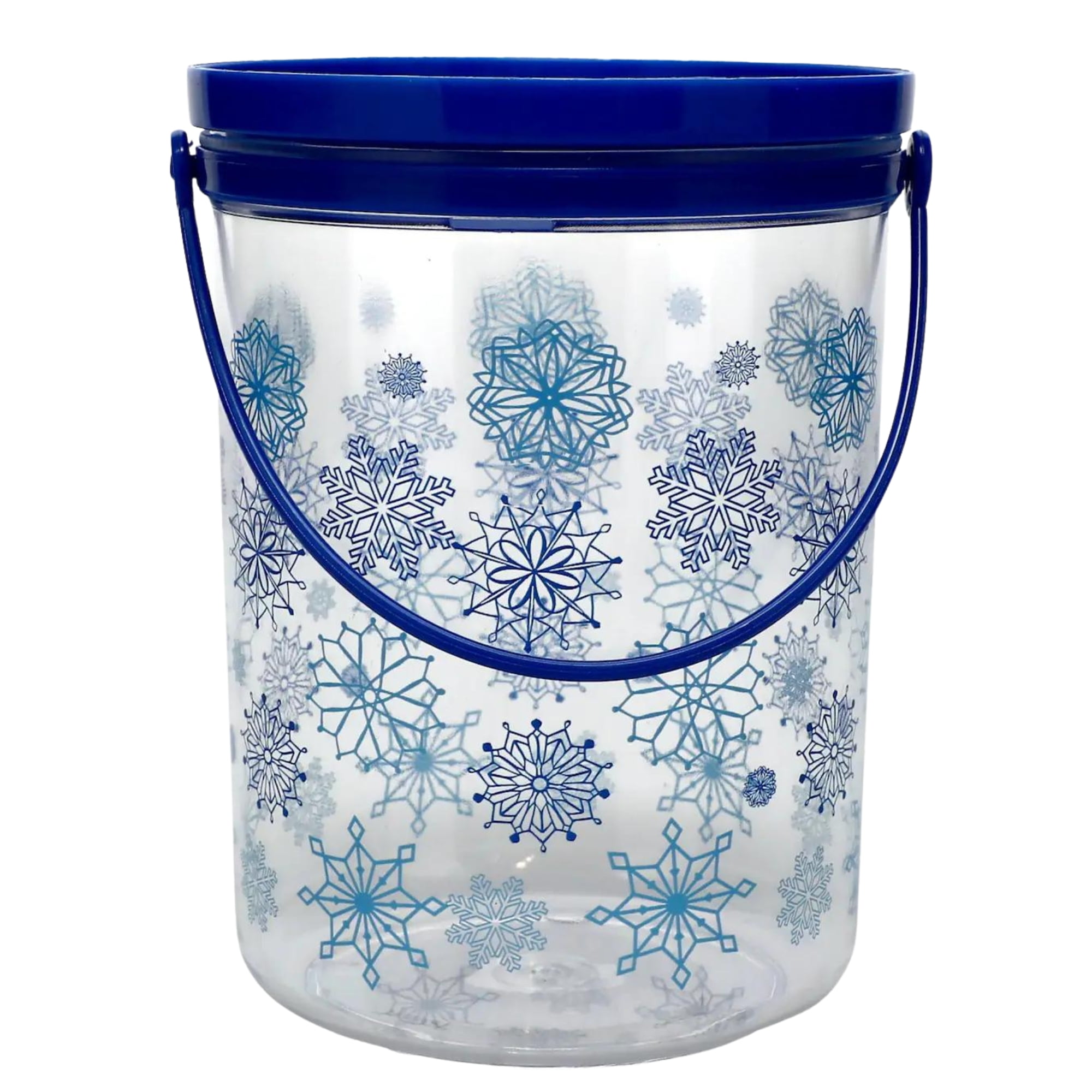 A1U Clear Printed Plastic Christmas Buckets with Handles (Snowflakes), Plastic Holiday Printed