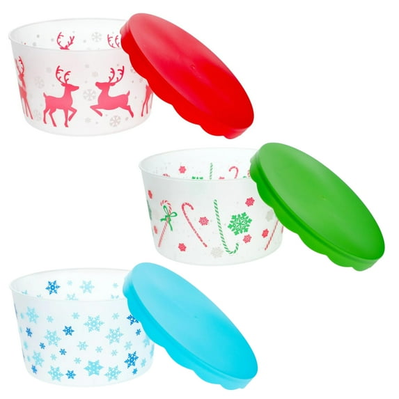 A1U Holiday-Themed Food Storage Containers with Lids, Assorted Christmas Party Favors Reusable Plastic Canister Organizer Holder Tray Serveware Birthday Tableware Decorations, 3 ct. (8x4.5-in.)