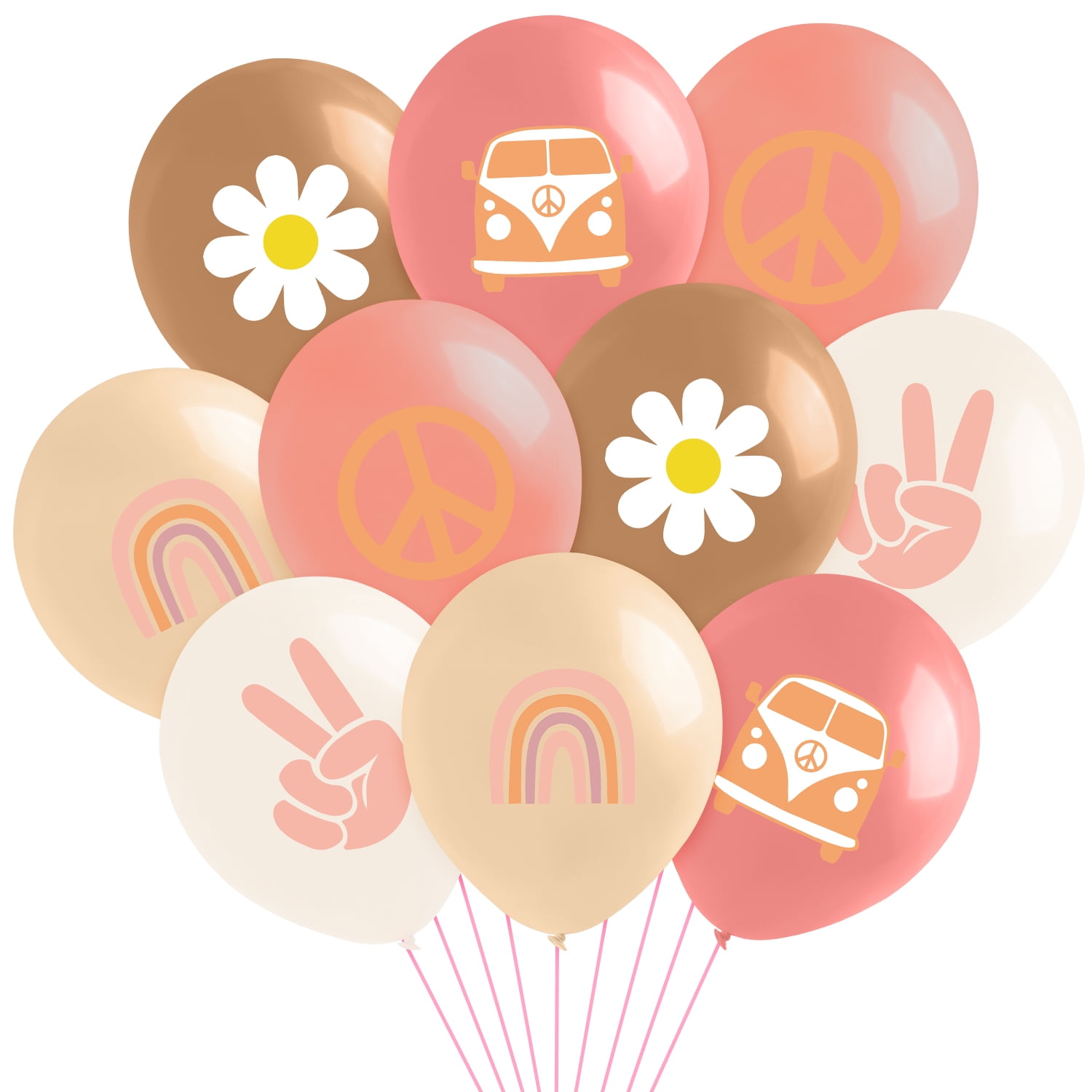 A1diee 50Pcs Groovy Retro Hippie Boho Girl Party Balloons 12Inch Daisy Flower Rainbow Bus Peace Sign Latex Balloons Bouquet Hippie Themed Birthday Party Decoration Supplies for Girls Women Baby Shower