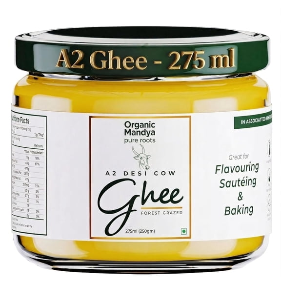 A2 Desi Grass-Fed Ghee Clarified Butter, Pasture Raised, Lactose Free, Stress-Free Cattle (9.3 oz / 275 ml) by Organic Mandya