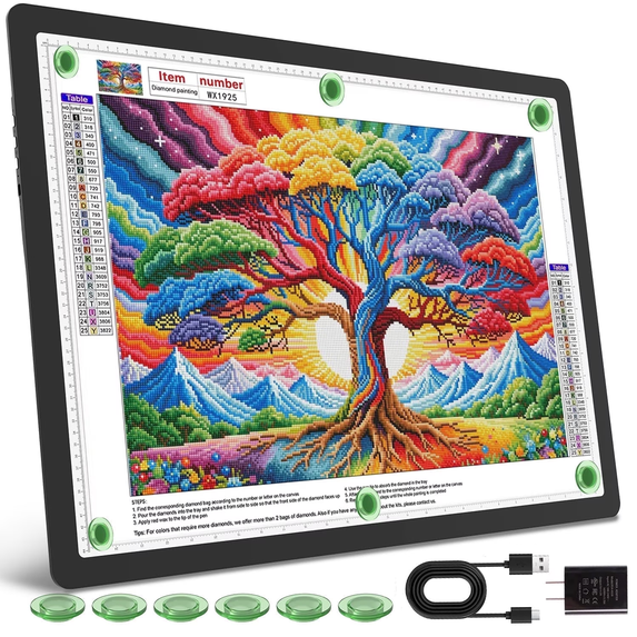 KOBAIBAN Magnetic A2 Light Pad, 3-Color Modes, 6-Level & Stepless Dimming, Tracing Light Board for Diamond Painting Drawing & Sketching - USB Powered