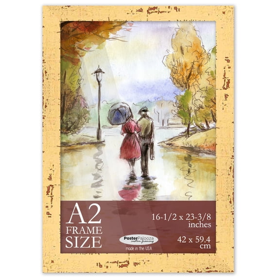 A2 Frame Yellow Rustic Farmhouse 16.5x23.5 Frame - Shabby Chic Wood A2 Picture Frame, UV Acrylic