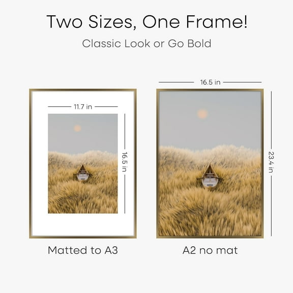 A2 Picture Frame Bronze, High End Metal 16.5 x 23.4 inch Poster Frames with Mat 11.7 by 16.5 Photo, A2 Size Brass Frames Matted to A3 Print, 16.5x23.4 Hanging Frame, Tempered Glass, Set of 1
