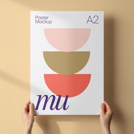 A2 Unframed Poster Mockup: Hands Holding DIN A 5x7 Print, Editable Background Color (PSD File), Unframed Paper Poster 8x10in