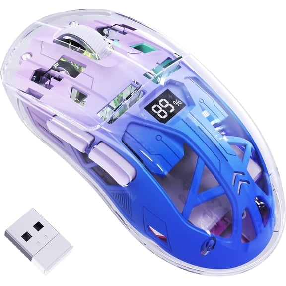 A2 Wireless Gaming Mouse Double Mode 2.4G/ Bluetooth,Transparent RGB Wireless Mice with 5 Adjustable DPI Compatible with PC, Mac, Laptop -Purple