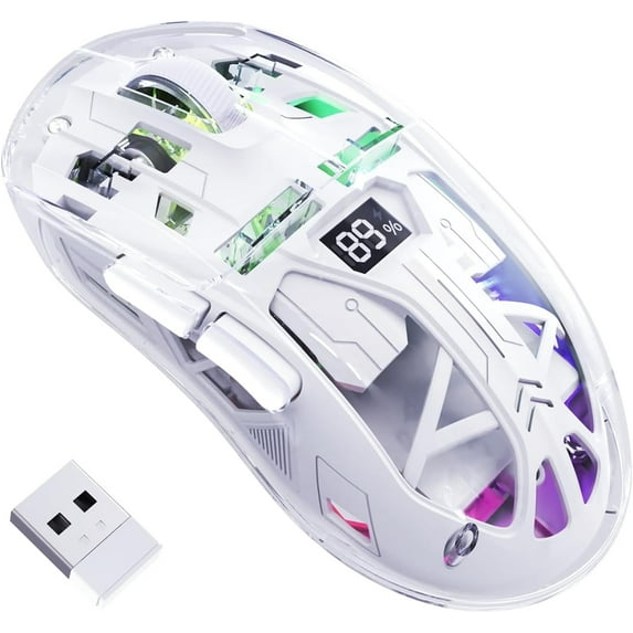 A2 Wireless Gaming Mouse Double Mode 2.4G/ Bluetooth,Transparent RGB Wireless Mice with 5 Adjustable DPI Compatible with PC, Mac, Laptop - White