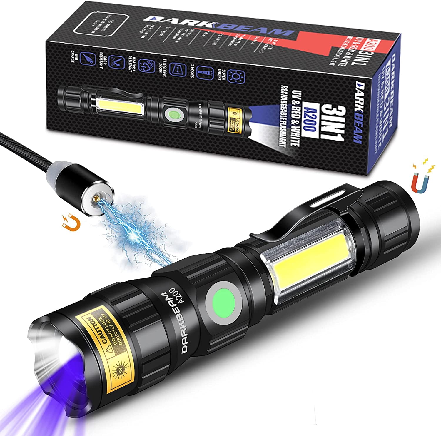 DARKDAWN UV Lampe Torche 365nm USB Rechargeable, Lampe de Wood Lumière