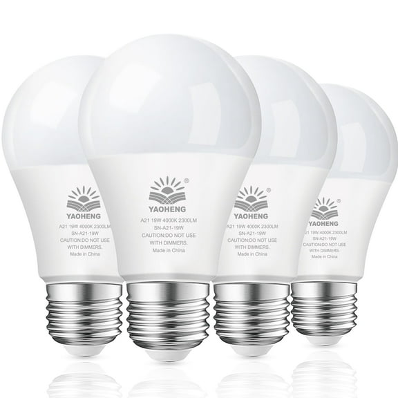 Plug'n A21 LED Light Bulb, 150W Equivalent, 19W 4000K Cool White, NO-dimmer, 4-Pack