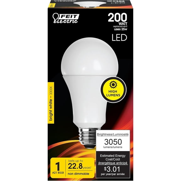 A21 LED Light Bulb, 200W Equivalent, Non-Dimmable, 3050 Lumens, E26 Standard Base, 3000k Bright White, High Output LED Bulb, Damp Rated, 22 Year Lifetime, OM200/830/LED
