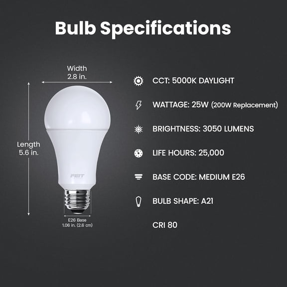 A21 LED Light Bulb, 200W Equivalent, Non-Dimmable, 3050 Lumens, E26 Standard Base, 5000k Daylight, High Output LED Bulb, Damp Rated, 22 Year Lifetime, OM200/850/LED